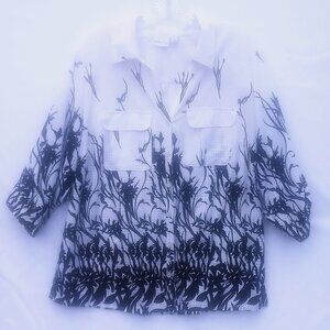Kim Rogers Women's Blouse 1X Sheer Black Floral 3/4 Adjustable Sleeve Button-Up